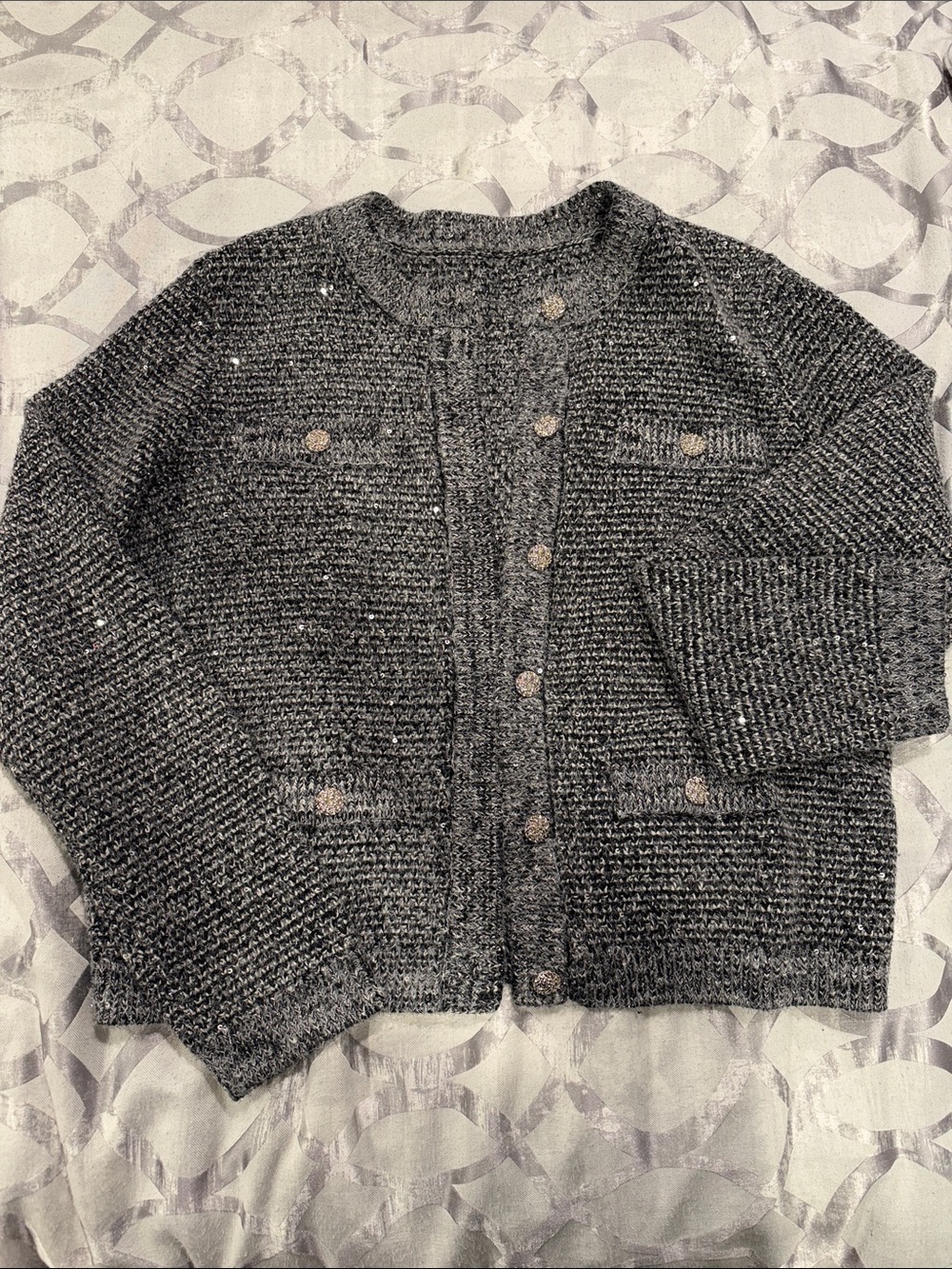 Gray Textured Knit Sequins Cardigan Sweater - Women